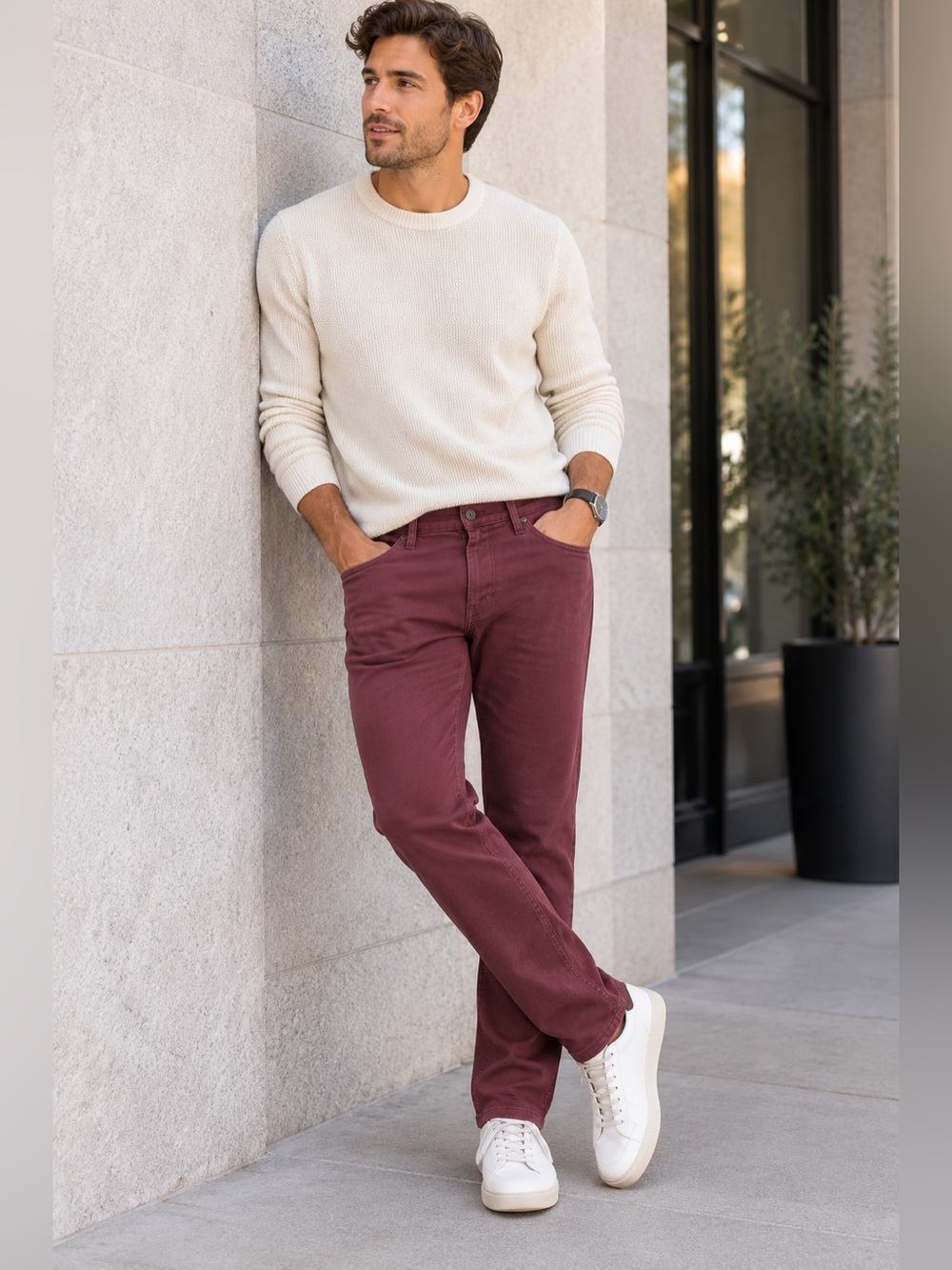 AG Everett Men’s 36x28 Slim Straight Jeans Burgundy Stretch Sateen